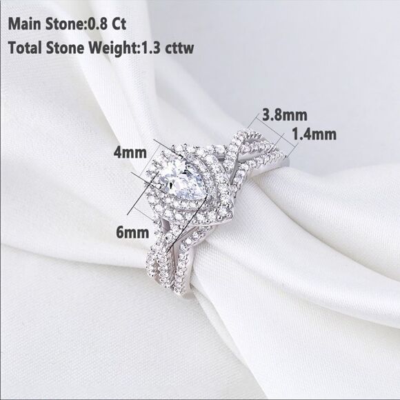 2pcs 925 silver Engagement Ring Wedding Band Set Pear Shaped Diamond Ring - Picture 9 of 11